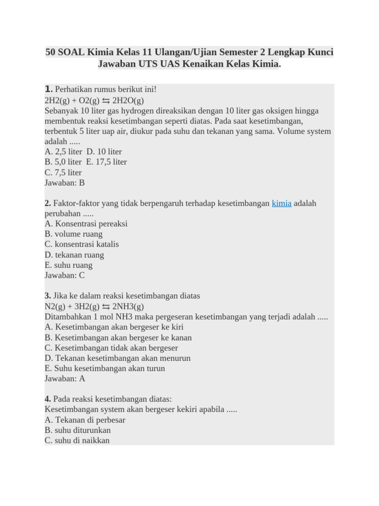 Lulus Ujian Kimia 2026 dengan 50 soal kimia kelas xi semester 2 dan kunci jawaban ini