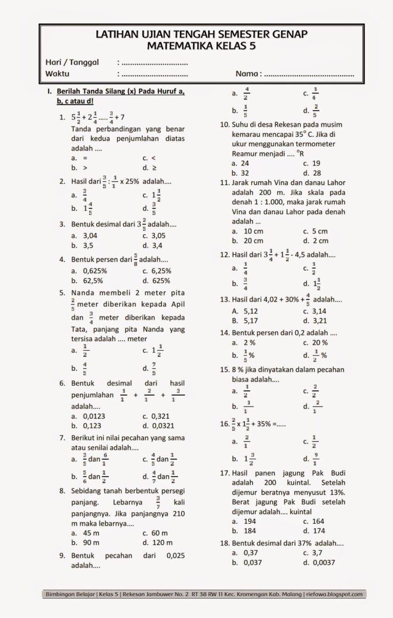Wajib Tahu 5 Bank Soal Matematika Kelas 5 Semester 1 dan Kunci Jawaban Terlengkap 2026