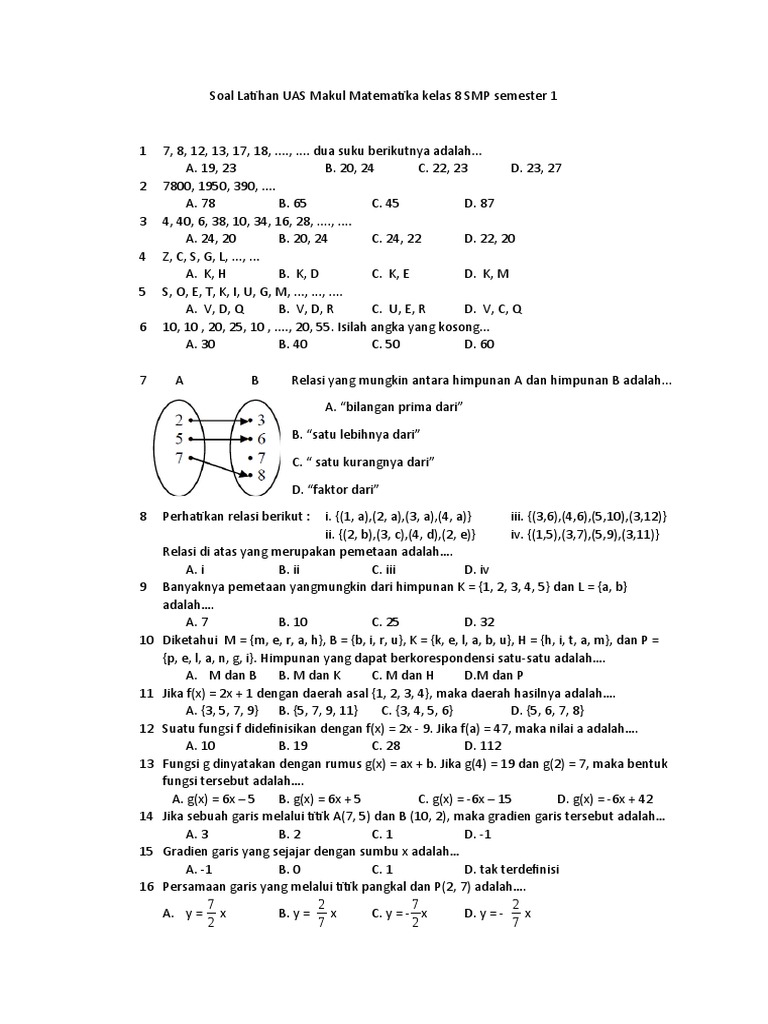 Soal Latihan UAS Matematika Kelas 8 PDF