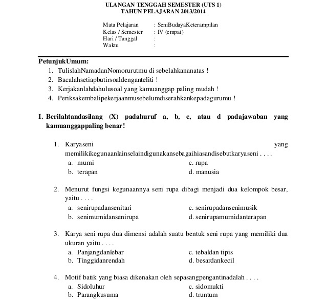 contoh soal sbk kelas 4 sd semester 1 contoh soal sbk kelas 4 sd semester 1